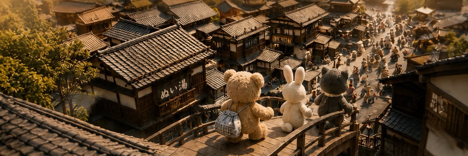 温泉街を歩くぬいぐるみたち