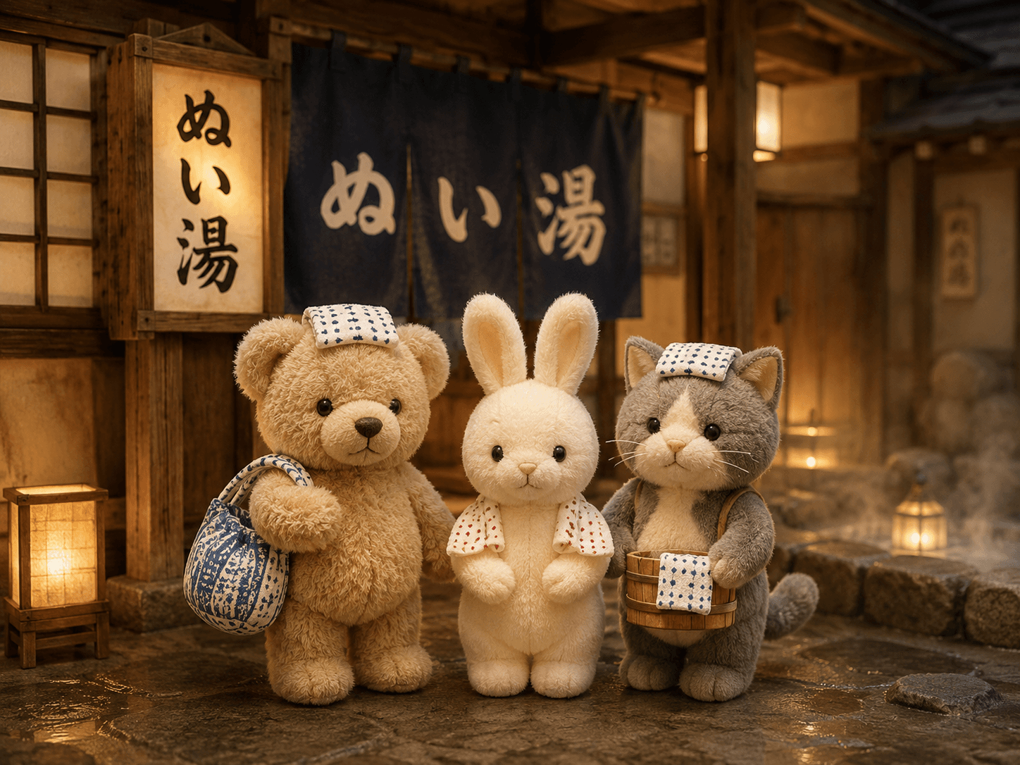 ぬい湯の前に立つぬいぐるみたち