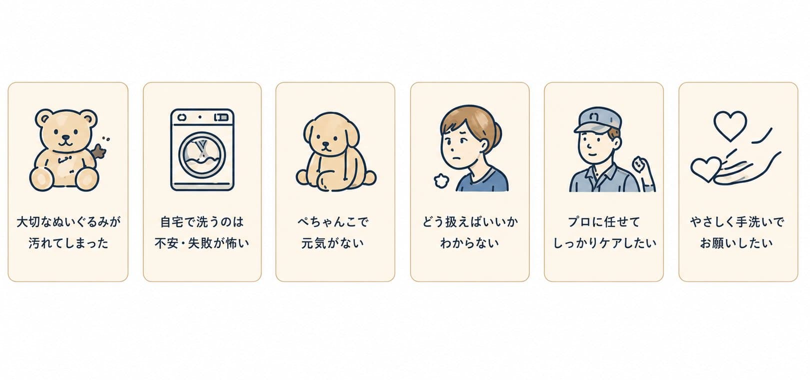 お悩み一覧:汚れ・自宅洗い不安・ぺちゃんこ・扱い方・プロのケア・やさしい手洗い